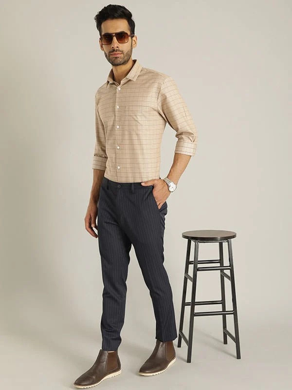 Indian Terrain Men's Comfort Fit Striped Navy Trousers